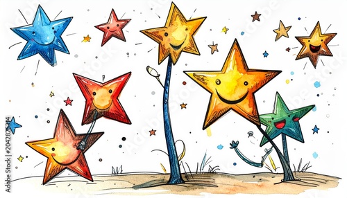 Colorful cartoon stars on a whimsical background.