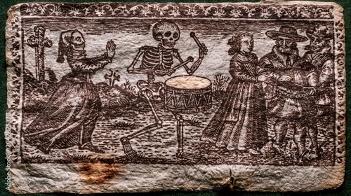 Aged vellum page with woodcut skeleton playing a drum and leading people in a graveyard for historical education, museum documentation and antique art research