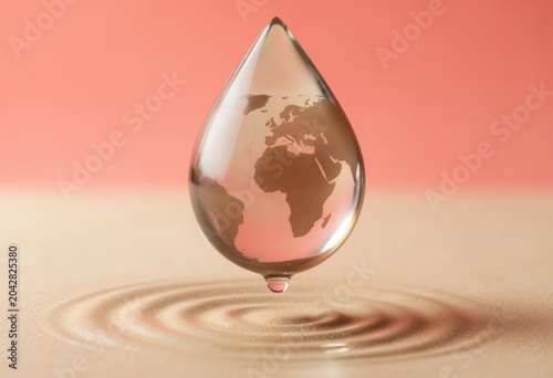 A large transparent droplet with a globe inside suspended over a rippled surface for water conservation, environmental protection and World Water Day campaigns with copy space