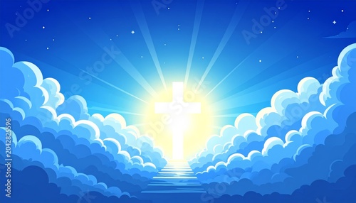 Heavenly gateway with shining light and clouds.