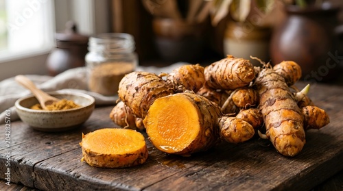 Fresh turmeric roots on a wooden cutting board with ground turmeric in bowls