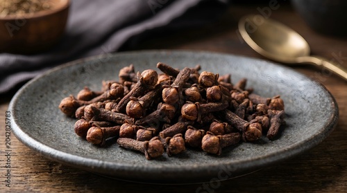Pile of dried cloves on a gray plate