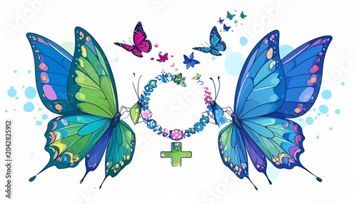 Colorful butterflies and rosary beads illustration.
