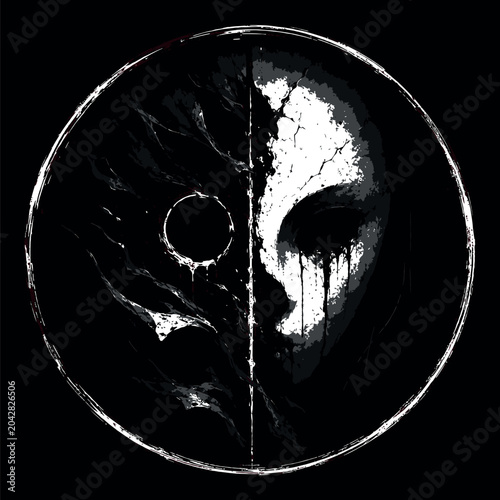 Bilde på lerret Dark gothic mask illustration, abstract horror face in circular frame, monochrom
