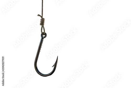 Sharp metal fishing hook attached to a nylon fishing line - Isolated on transparent background