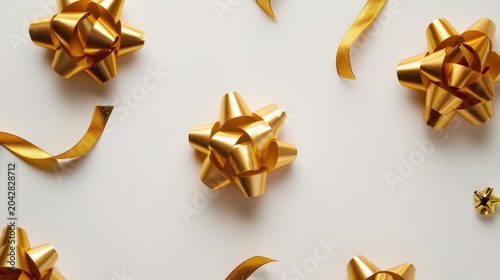 Golden Decorative Bows and Ribbons for Gift Wrapping on Plain Background for Holiday and Celebration Themes