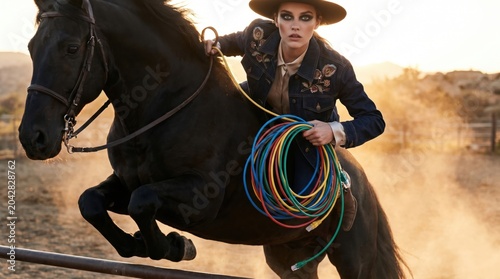 Cowgirl jumping with horse. Modern digital connectivity meets tradition.