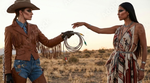 Cowboy and Native American women hold cable. A clash of traditions. Modern tech meets cultural heritage and legacy.