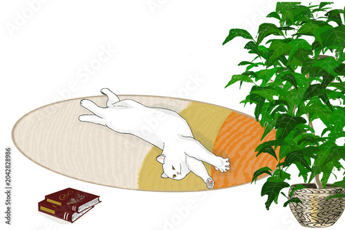 Foto お洒落なラグと観葉植物の横でのびのびとリラックスする白猫のイラスト