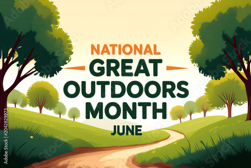 Celebrate national great outdoors month in june with a scenic nature landscape illustration and winding dirt path