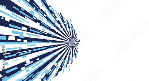 Dynamic abstract background featuring blue rays and geometric shapes bursting from a central point towards a white blank space.