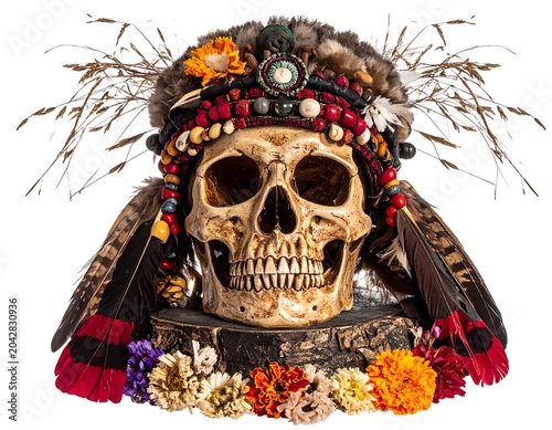 A human skull adorned with a vibrant headdress and colorful flowers