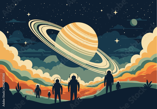 Schilderij op canvas Retro Futurist Space Illustration of Astronauts Standing on an Alien Planet Land