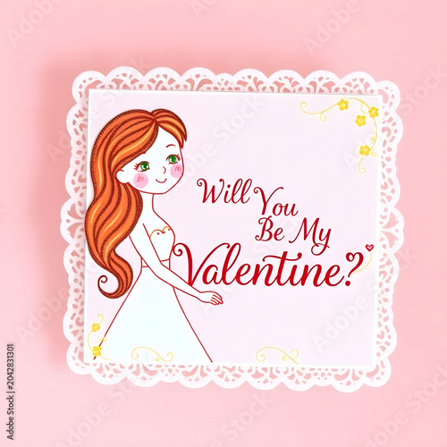 Will You Be My Valentine Love Card Featuring Cartoon Boy and Girl Illustration