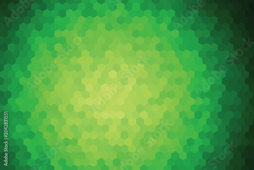 Glowing green hexagonal pixel pattern with radiant center light effect hexagons