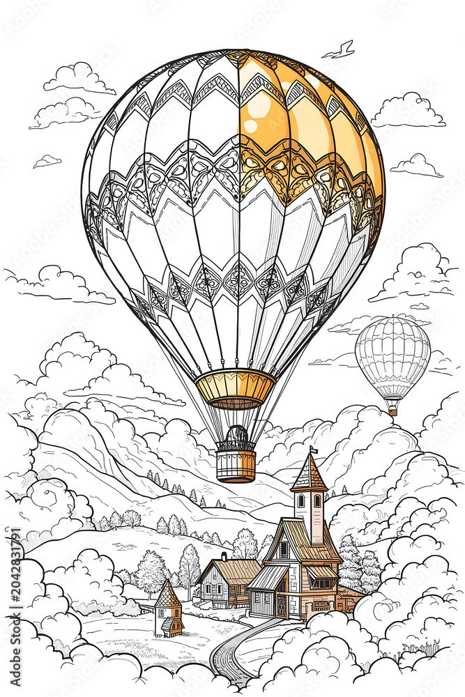 Obraz premium Whimsical Sky Journey Coloring Sheet Featuring Hot Air Balloon and Storybook Village