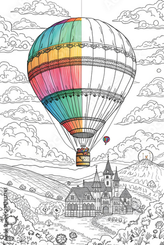Whimsical Sky Journey Coloring Sheet Featuring Hot Air Balloon and Storybook Village
