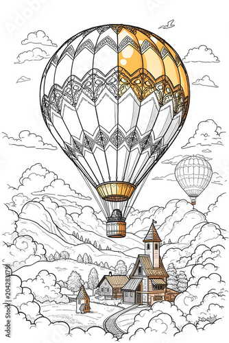 Whimsical Sky Journey Coloring Sheet Featuring Hot Air Balloon and Storybook Village