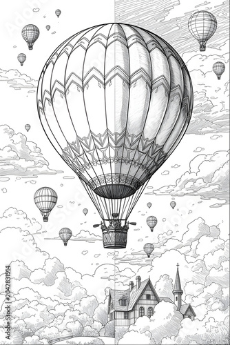 Whimsical Sky Journey Coloring Sheet Featuring Hot Air Balloon and Storybook Village