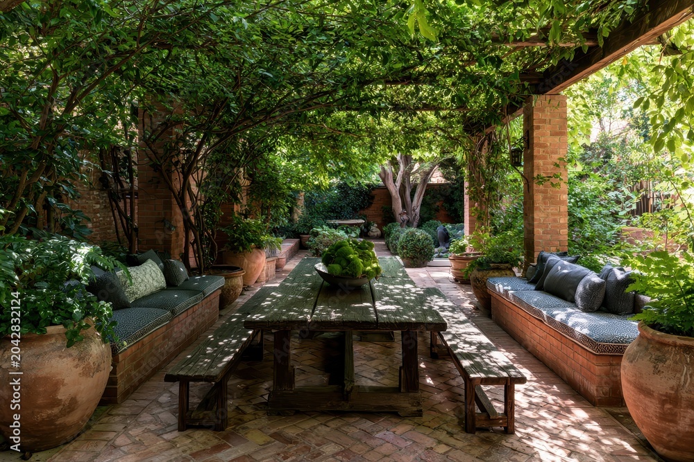 Obraz premium Garden patio terrace featuring a wooden dining table under a lush green pergola with dappled sunlight for luxury travel and lifestyle marketing