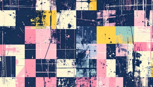 幾何学 抽象画 モザイク タイル カラフル 円形 格子模様 レトロ グランジ 質感 重なり パッチワーク 万華鏡 ポップ アート テクスチャ コラージュ 複層的 配色 キュービズム 背景素材