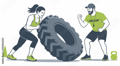 Bilde på lerret Fitness coach motivating woman flipping tire for intense bootcamp workout