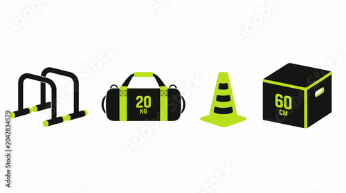 Tableau sur toile Vector illustration of fitness equipment set including parallel bars, gym bag, c