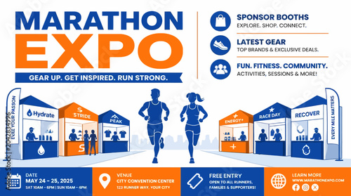 Quadro su tela Marathon Expo event graphic with runners and sponsor booths, vector illustration