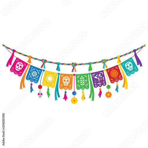 Day of the dead papel picado banner with skulls and flowers sugar skull mexican folk art m xico
