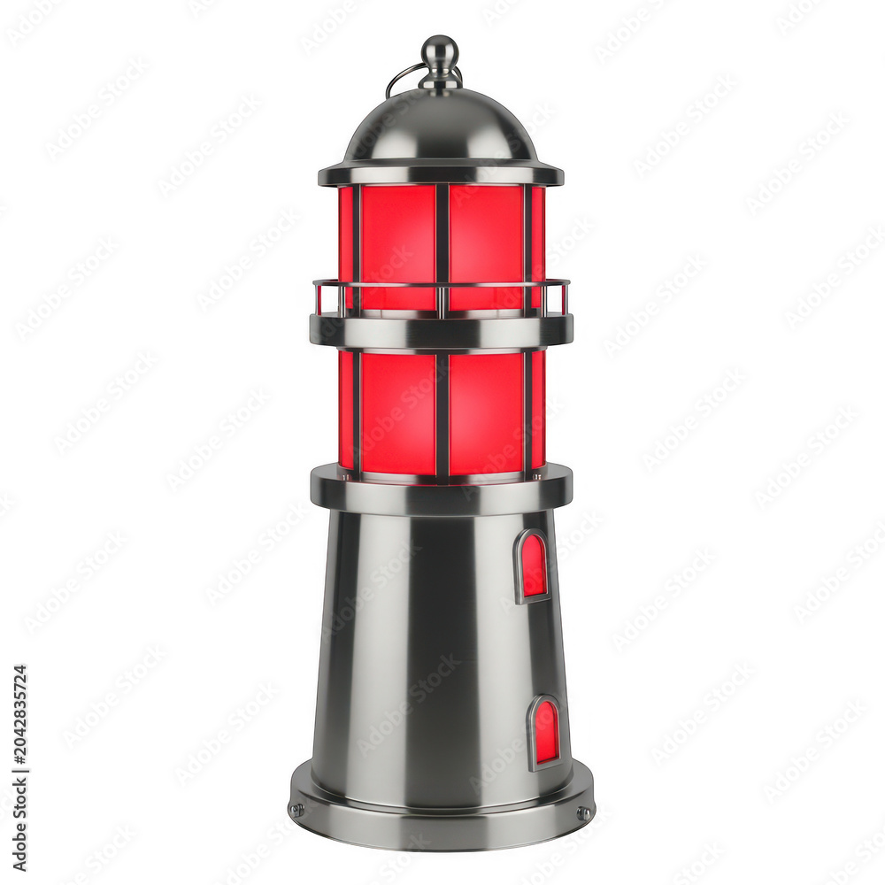 Obraz premium Nautical lighthouse lantern with red glowing glass, brushed metal decorative lamp, maritime beacon ornament for coastal home decor