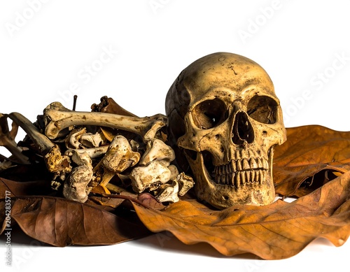 A human skull and bones on dry leaves