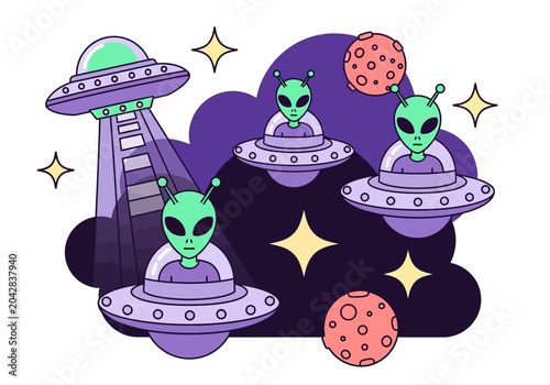Tableau sur toile Flat Vector Illustration of Green Aliens in Flying Saucers and a UFO Spaceship M