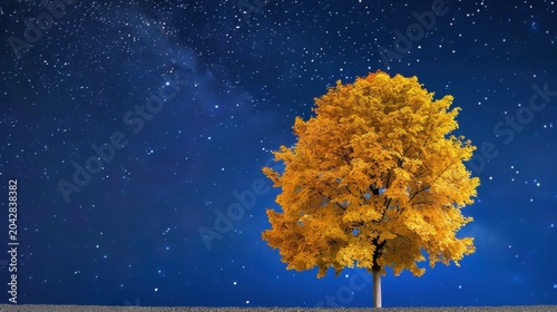 Majestic yellow tree under a starry sky showcasing vibrant autumn colors against a backdrop of celestial wonders