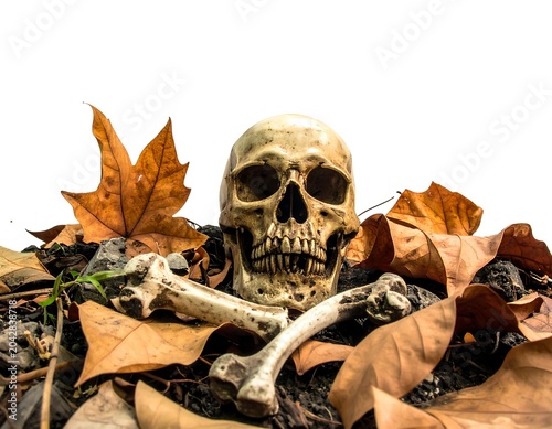 A human skull and crossed bones surrounded by autumn leaves and dirt on a white background