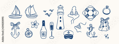 Foto Nautical wedding hand drawn doodle elements set with sailboat, anchor, lighthouse, ring and champagne