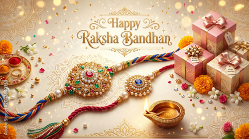 Festive Raksha Bandhan Greeting Composition with Decorative Rakhis Gifts Diya and Traditional Ritual Elements