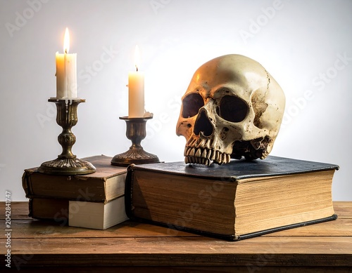A human skull rests on a stack of old books beside two lit candlesticks