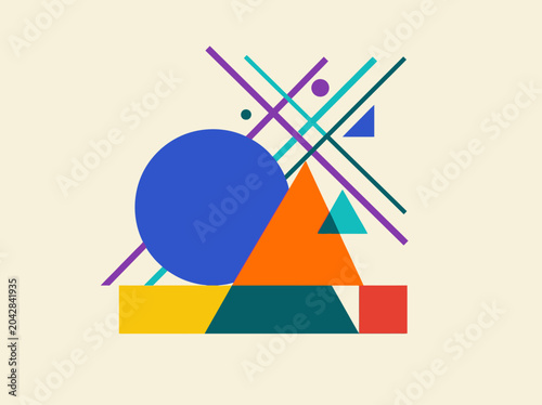 Fotografie Abstract Bauhaus Style Geometric Composition with Vibrant Shapes and Dynamic Lin