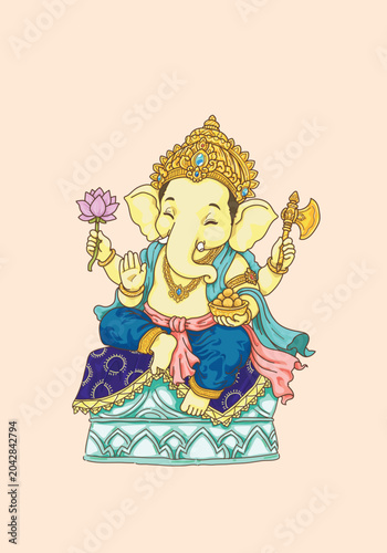 Cute Lord Ganesha Sitting on Lotus Throne Vector Illustration