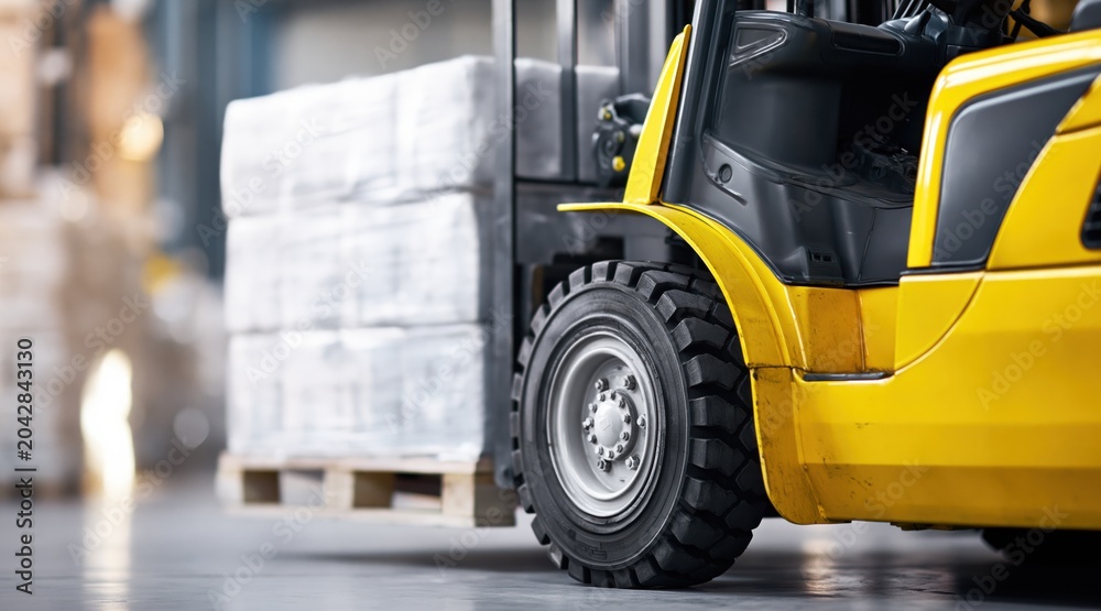 Naklejka premium Yellow forklift carrying heavy pallet in industrial warehouse