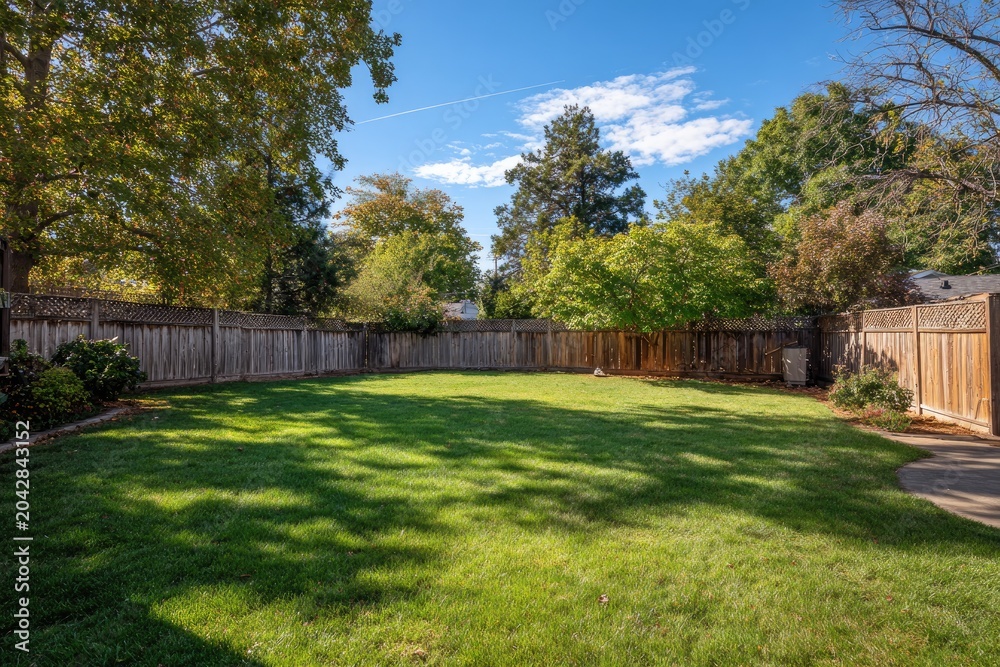Fototapeta premium Sunlit green lawn with wooden fence border and trees under a blue sky with clouds