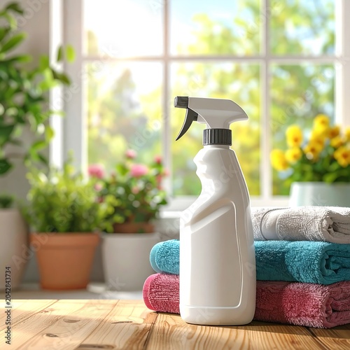 Spray bottle on wooden table near flowers and towels