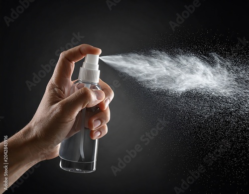 Spraying hand sanitizer bottle against dark background for hygiene concept