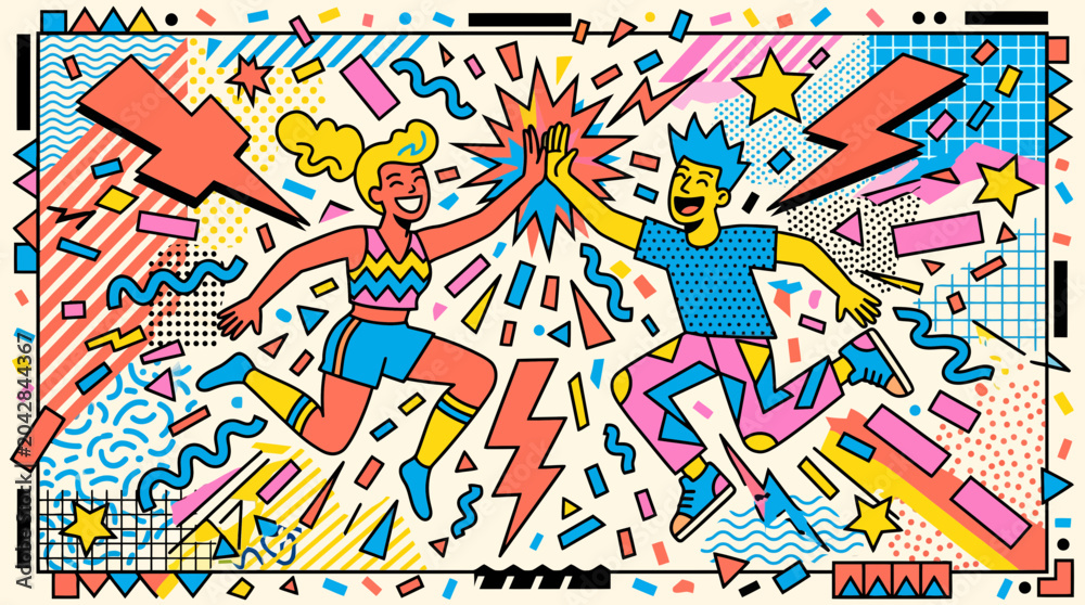 Obraz premium Energetic young couple giving a high five in a bold 1980s Memphis style illustration with lightning and patterns