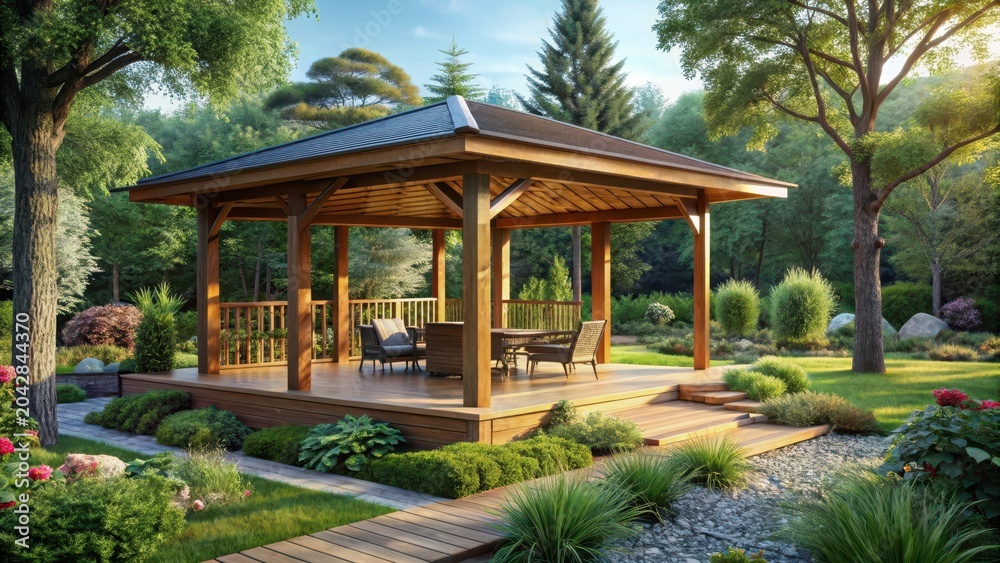 Obraz premium Modern wooden pavilion in a lush garden
