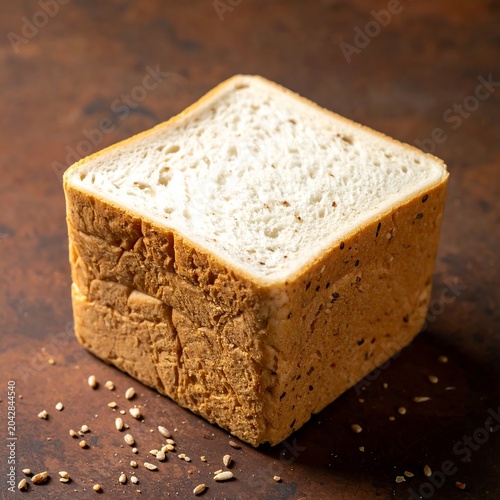 Square slice of bread on textured surface showing detailed textures and grain
