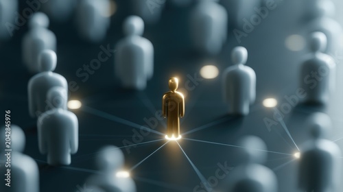 Human network with glowing neon lines and central golden figure, influence, leadership, digital community concept