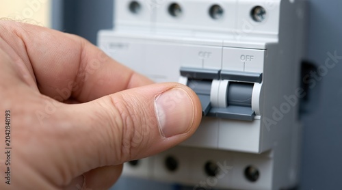 Hand switching off circuit breaker on electrical panel