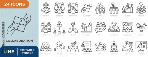 Foto Collaboration line icon set with editable stroke for team discussion, teamwork,