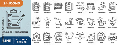 Project management line icon set with editable stroke for business, workflow, planning, task management, and team collaboration.